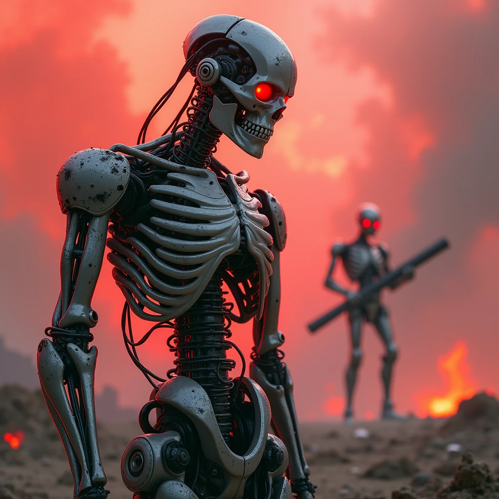 Digital illustration featuring a post-apocalyptic scene in stunning 4K resolution. The central subject is a highly detailed, anatomically correct humanoid Terminator robot with a skeletal metallic structure, glowing red eyes, and intricately rendered remnants of human-like features, including patches of synthetic skin and hair. The robot's heavily damaged body exposes intricate mechanical components with super fine details, showcasing its metallic inner workings. The background is a desolate, war-torn landscape with a reddish hue, filled with smoke and debris that adds to the chaotic atmosphere. In the distance, another similar robot can be seen, holding a large weapon, further emphasizing the dystopian theme. This masterpiece of digital art boasts exceptional quality and attention to detail.