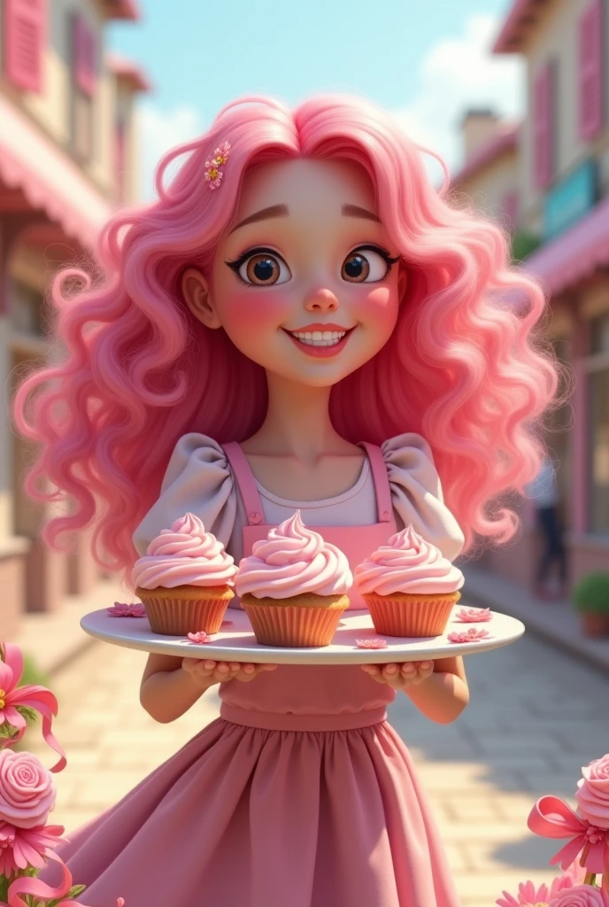 White Girl with curly pink hair wearing a pink, white and yellow dress giving away cupcakes with pink cream and pink fetters
