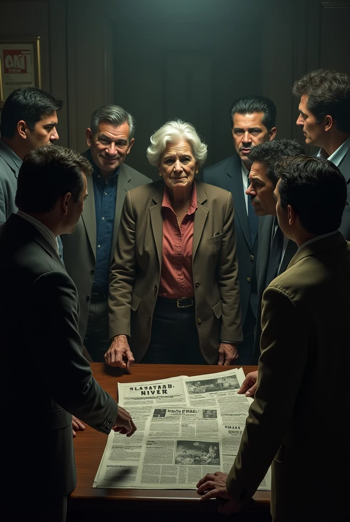 Scene of older María Nieves in a tense conversation with a group of men in an office. Men are furious, and one of them threatens to close his newspaper. cheered up
