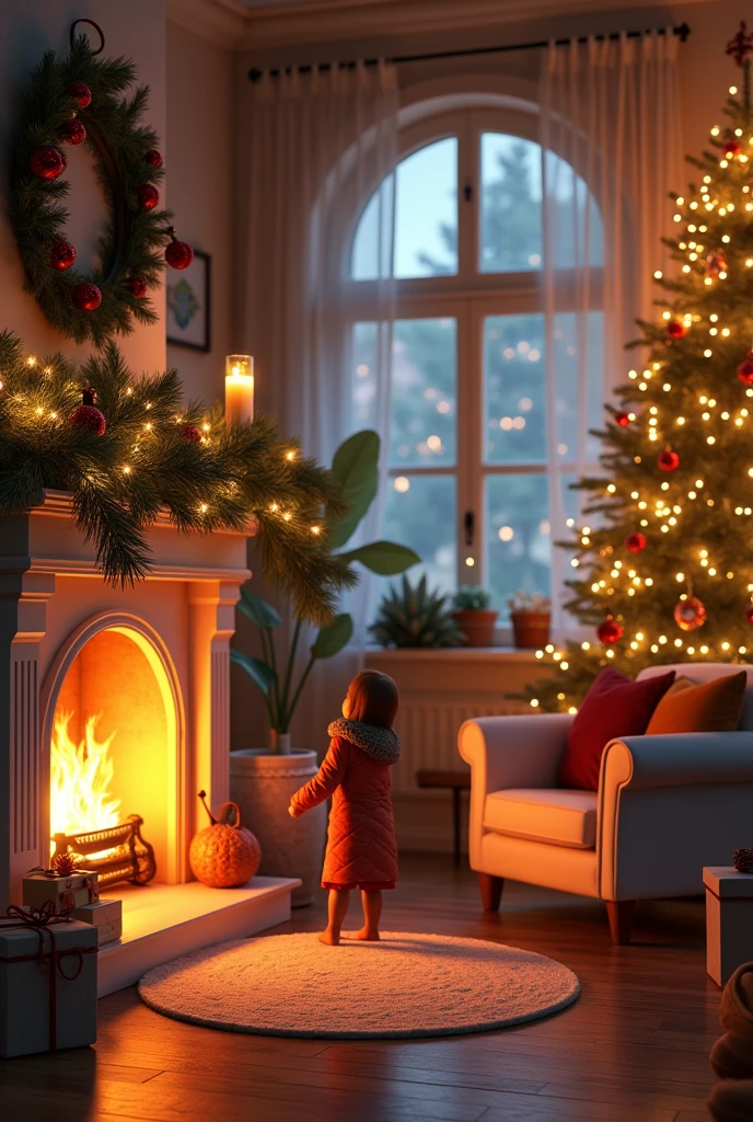 Christmas scene with fireplace, Christmas tree with lights, Piano, Luster, window, Provencal armchair with light neutral colors with children


