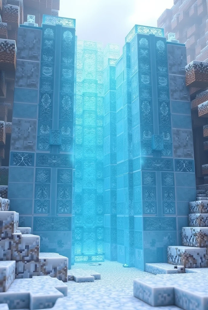 I want you to create a wall or a wall based on the Minecraft game with an ice theme, I want the wall to not be so high, about 12 blocks high maximum, but the 12 blocks high are Minecraft blocks and I want them to be based on the materials and reality of that game.
