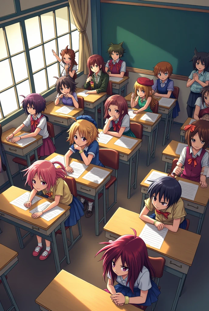 Create an image set in the world of YU-GI-OH of a group of 16 young people (7 girls and 9 girls) that are in the classroom