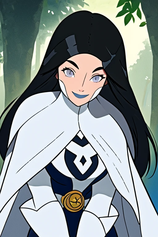 Tinya Wazzo, solo,black hair, long hair. grey eyes, smile, grey lips, white cape, best quality, masterpiece, 1girl, Masterpiece, Best Quality, Detail, Forest, body caped, cape covered around, close up cape, cloaked cape, full body caped