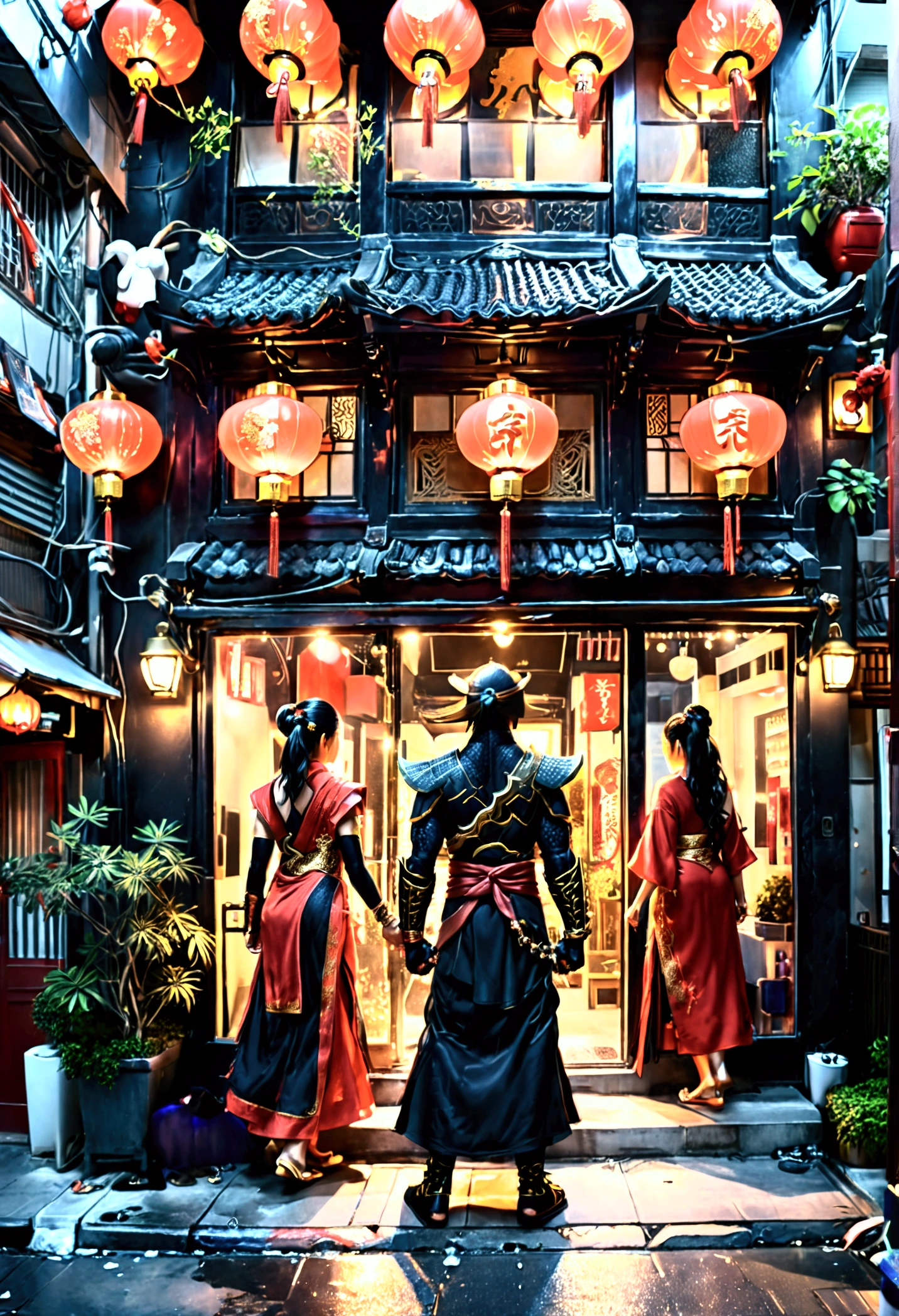 Master Piece, best quality, (extremely detailed CG unity 8k wallpaper), (best quality) 8k detail. COMIC ART, CLOSE UP ON a dark ninja (we are looking down over his shoulder) crouching on a street light from 30 feet above, ninja is looking down to the front of an Asian nail salon from above the sidewalk, The building as gold accents surrounded by glass and black marble. the front door is in the center of the block. it is night time lights come from above, lights come from street lights. there are no people walking on the block since it is 3am. Two beautiful Asian women in red long dresses stand by the doorway with open arms and smiling.