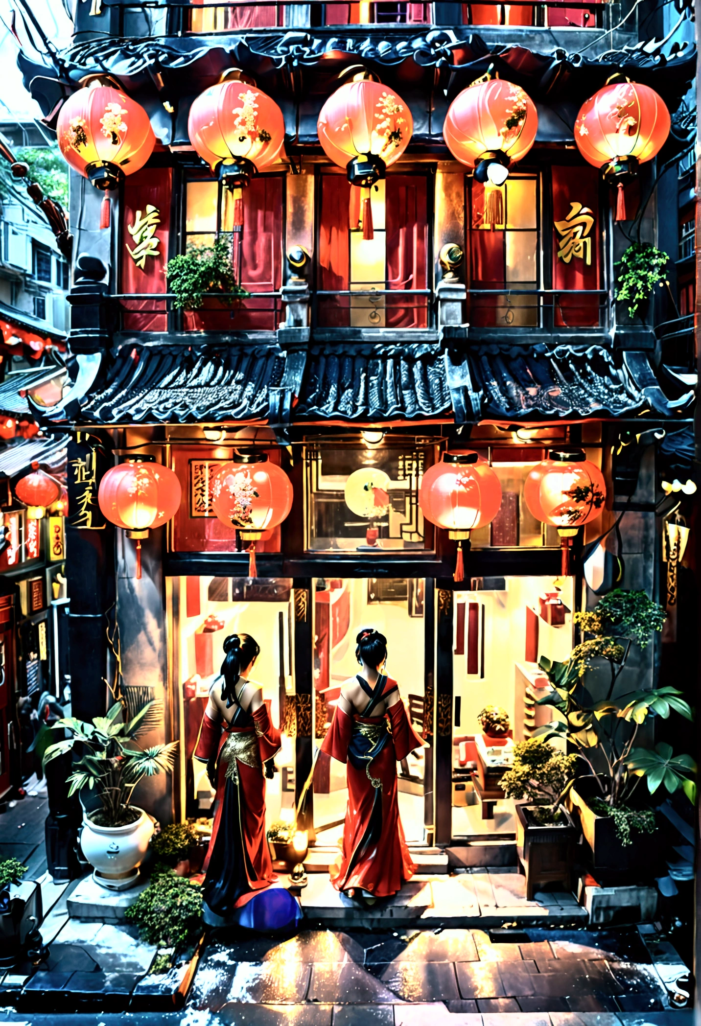 Master Piece, best quality, (extremely detailed CG unity 8k wallpaper), (best quality) 8k detail. COMIC ART, CLOSE UP ON a dark ninja (we are looking down over his shoulder) crouching on a street light from 30 feet above, ninja is looking down to the front of an Asian nail salon from above the sidewalk, The building as gold accents surrounded by glass and black marble. the front door is in the center of the block. it is night time lights come from above, lights come from street lights. there are no people walking on the block since it is 3am. Two beautiful Asian women in red long dresses stand by the doorway with open arms and smiling.