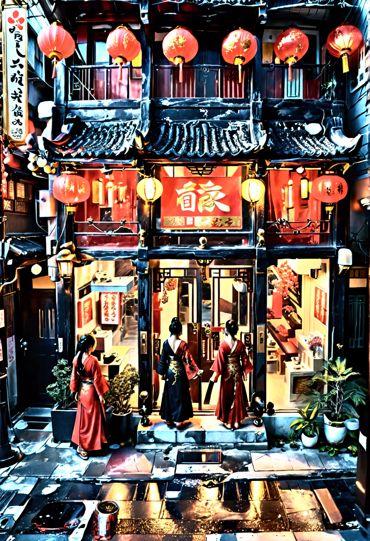 Master Piece, best quality, (extremely detailed CG unity 8k wallpaper), (best quality) 8k detail. COMIC ART, CLOSE UP ON a dark ninja (we are looking down over his shoulder) crouching on a street light from 30 feet above, ninja is looking down to the front of an Asian nail salon from above the sidewalk, The building as gold accents surrounded by glass and black marble. the front door is in the center of the block. it is night time lights come from above, lights come from street lights. there are no people walking on the block since it is 3am. Two beautiful Asian women in red long dresses stand by the doorway with open arms and smiling.