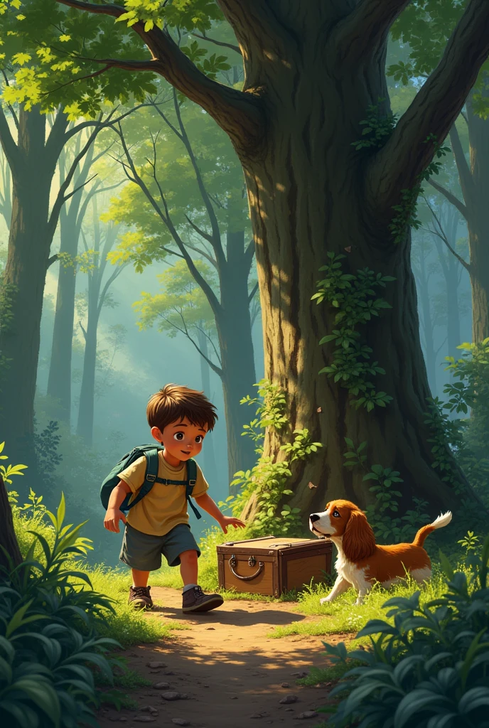 boy and his dog cooker walking in the woods finding a box, image opening the box and finding a scroll and gold coins