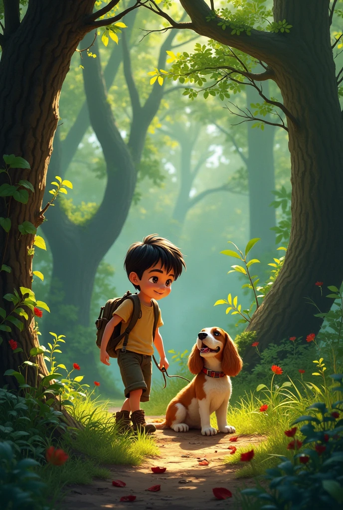 boy and his adult cokeer dog walking in a forest and finding a box buried under a tree