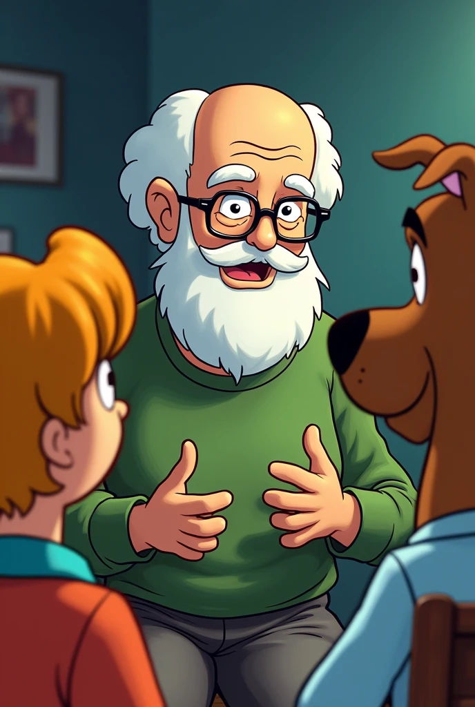 Fritz Perls, psychiatrist, slightly chubby, bald with white hair only on the sides, white bearded, bushy eyebrows, doesn&#39;t wear glasses,, has some wrinkles. drawing version (in the style of drawing/animation "scooby doo"), he is talking to scooby, sausage, velma, daphne e fred (the whole scooby doo gang)