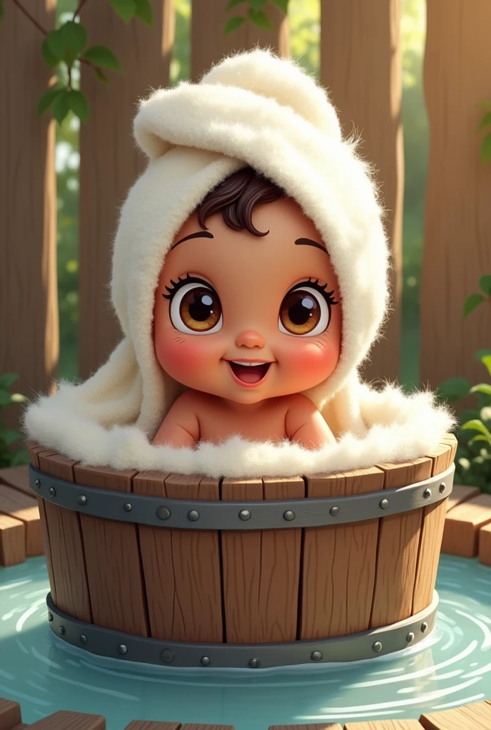 Cartoon brown in a towel in a barrel with water