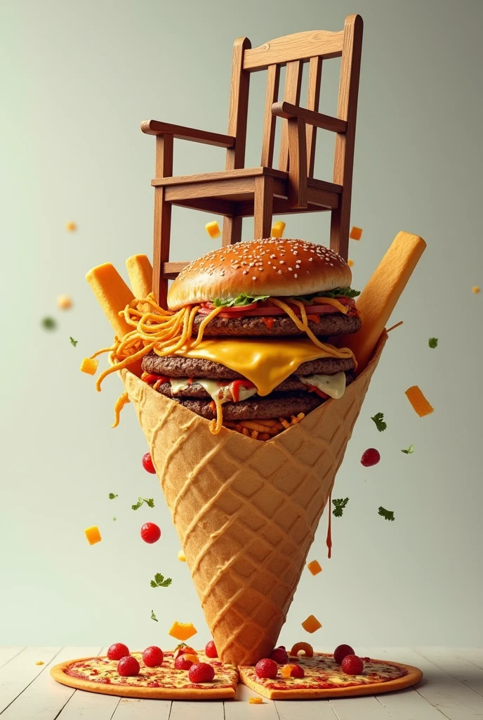 I require a very funny image of a shawarma dough cone, donde estén adentro una hamburger, SALCHIPAPA. Cheese with oregano and a wooden chair, but let it be a funny image All things you can put inside the cone, including the chair You can place the chair inside the cone Inside the cone you can place a wooden chair, along with the other things, What I require is that everything is within the cone, the chair that is outside, You can place it on top of the cone. I need the chair to be on top of the cone. Perfect., Now you can put a cheese with oregano so it is more noticeable please too, sausage and pizza, everything mixes up on the cone Now to all that, le puedes aumentar una hamburger ahí encima
Lo que requiero es que arriba este la silla, pizza, hamburger, SALCHIPAPA, and cheese with oregano