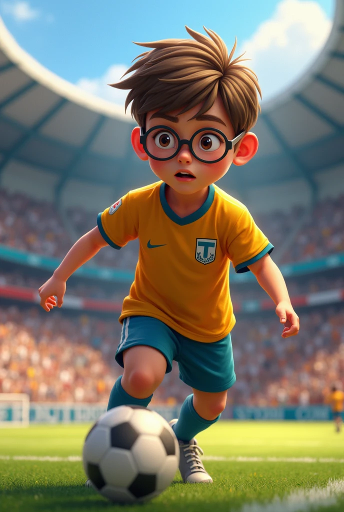 a , Caucasian skin, small-nose, dark brown eyes, round glasses, short messy light brown hair, in football clothes, playing football in a big stadium full of fans