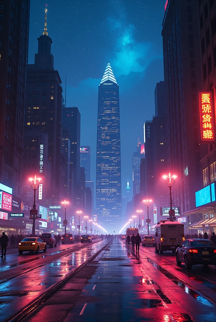 New York City, Night view, Ultra-high resolution,8k, Neon Town, Photorealistic, Colorful,Beautiful starry sky, Neon Light, pyramid, Searchlight