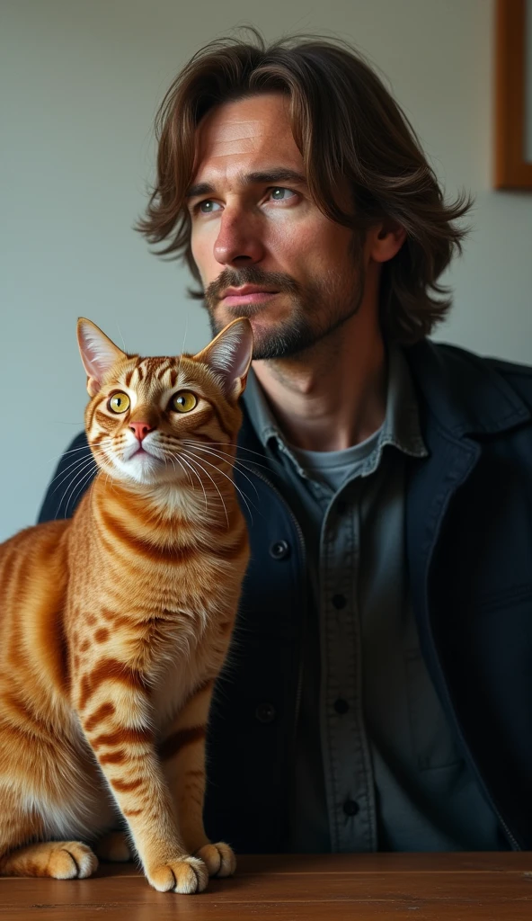 8k, high-quality, photograph, book cover and movie poster side by side, featuring man (british, age 41, long brown hair: 1.2, short stubble: 1.3, wearing dark jacket) and ginger tabby cat, bestseller banner