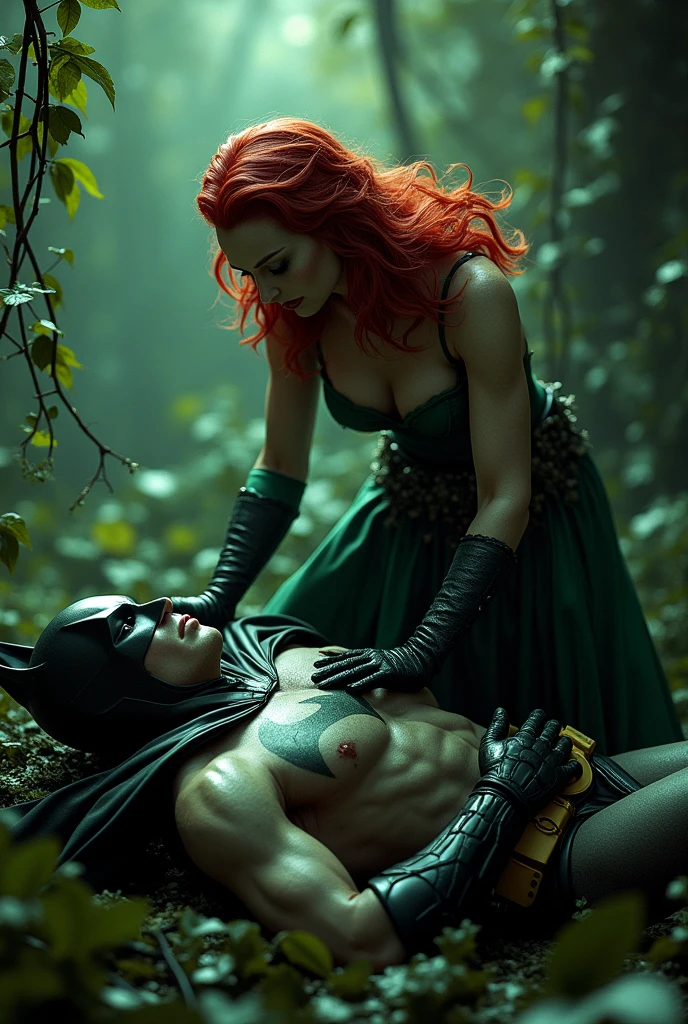 Batman beaten and dominated by the villainess known as Poison Ivy.