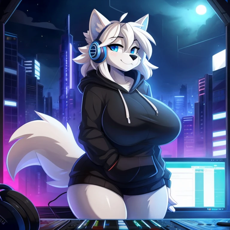 by Kilinah, by Coffeesoda, by Hioshiru, by Kilinah, anime art style, uploaded E621 Beautiful and detailed portrait of a female (((female))) (anthro wolf) Antero, Zenematic lighting, seductive, bl, grey wolf, full body, beautiful, messy hair, white hair, blue eyes, single, standing, medium length hair, grey wolf ears, futuristic city background, grey wolf, wearing black hoodie, has headphones on, standing at DJ booth, making music, music visualizer in background, gigantic breasts, huge ass, huge thighs,