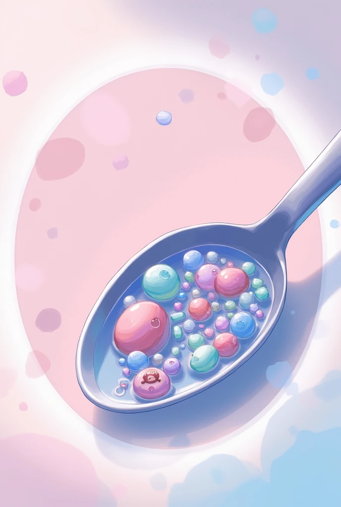 Make a small spoon with pastel shiny tiny pebbles inside with splash art style in circule 2d anime like cute in motion 