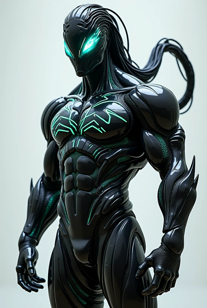 Turbo Xeno Symbiote (TXT) It is an impressive fusion of biological and technological elements, with an appearance that reflects his hybrid origin and his extraordinary abilities. Here I leave you a detailed description of his appearance and clothing:
### Physical appearance:
1. **Complexion and Physique:** TXT tiene una complexión atlética y musculosa, which reflects its strength and agility. His body is tall and well defined, capable of making quick and powerful movements. Her skin is a mix of metallic and dark tones, with parts that appear to be covered by organic armor.
2. **facial features:** His face is humanoid but with alien and technological characteristics.. Their eyes shine with a deep blue or green glow., displaying superhuman intelligence and the ability to scan their surroundings. Often, His gaze can change color depending on his emotional state or the type of skill he is using..
3. **hair:** His hair is black and metallic looking., with tufts that sometimes resemble cables or fiber optic filaments. You can change its style and length depending on the shape it takes., but usually wears it short or medium, with a casual and futuristic air.
4. **Skin and Organic Structure:** Its skin has a texture that looks like a combination of human skin and a liquid metallic surface.. This allows him to change form and quickly adapt to different environments and combats.. He can also display bioluminescent patterns that activate when he uses certain abilities..
### outfit:
1. **Base Suit:** TXT usa un traje ajustado que parece una segunda piel, composed of a nanotechnological material that can change shape and color at will. This suit is primarily black with softly glowing neon blue and green details.. The suit not only provides protection, but also improves their physical and technological skills.
2. **Modular Armor:** About the base suit, TXT lleva una armadura li
