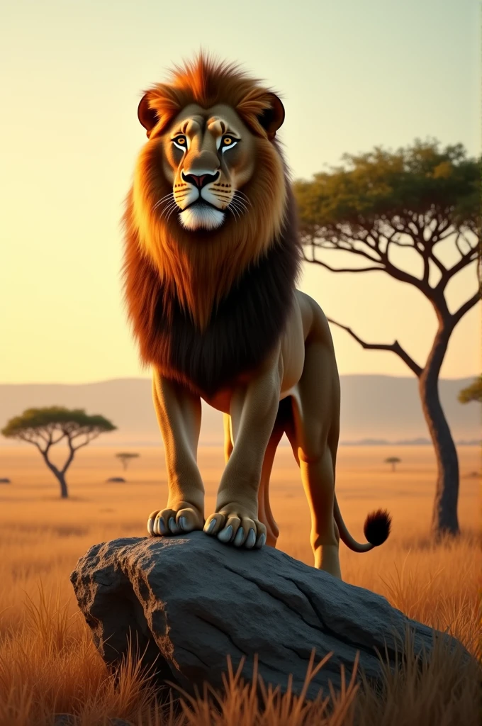 An African lion standing majestically on a rocky outcrop in the savannah. The lion’s mane is thick and flowing, catching the golden light of the setting sun. Its powerful muscles are visible beneath its tawny fur, and it has a piercing, authoritative gaze. The backdrop includes a vast open plain with scattered acacia trees and a distant horizon, capturing the expansive landscape of the African savannah.