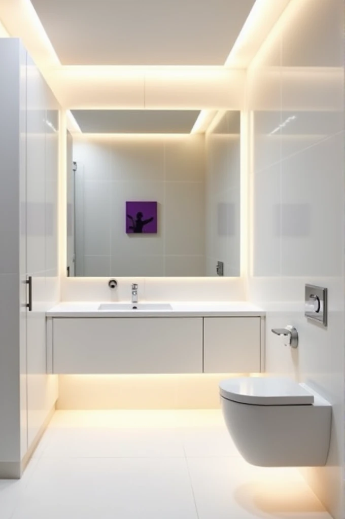 WHITE BATHROOMS , WITH LED LIGHTS A LARGE MIRROR AND A SMALL PURPLE PAINTING