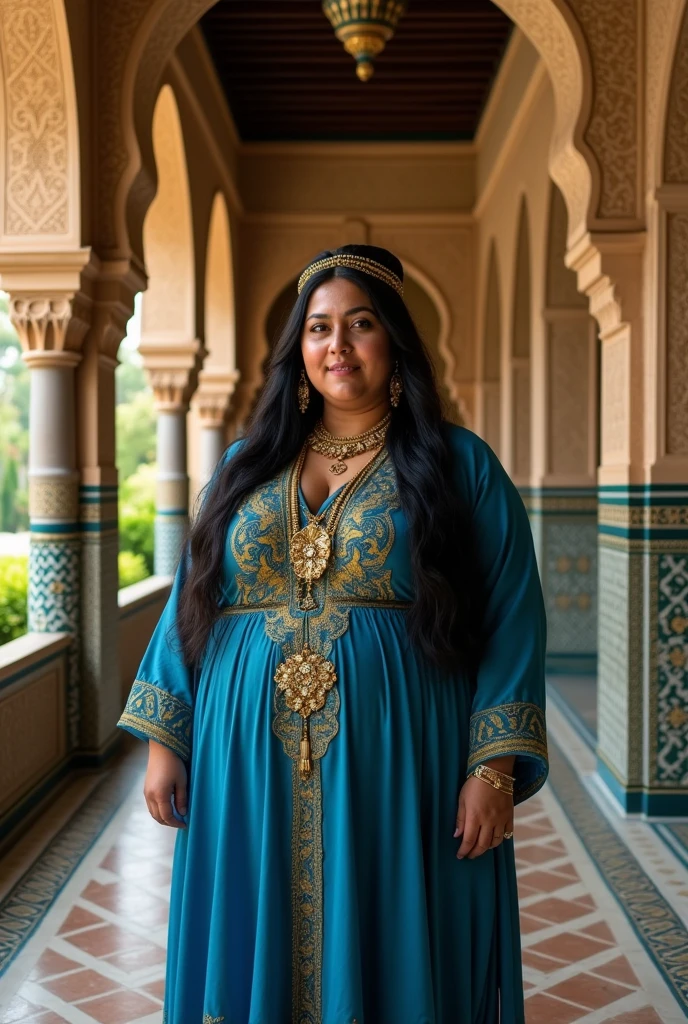 (photorealism:1.2), portrait of  chubby woman inside Alhambra with very very Long hair black, crowned with arabic headress middle age, blue kaftan, gold jewelry, Al andalus Era, islamic vibe, arabic woman.