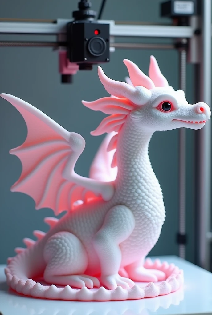 3d printer with a white and pink 3d printet dragon, by Schelly3DPrints
