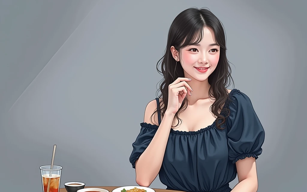 a young asian woman with long wavy hair wearing a summer dress, sitting at a table, food on the table, smiling, (high detail skin:1.2), 8K UHD, Digital SLR, High quality, filmgrain, Fujifilm XT3, perfect figure, (beautiful woman:1.4), ((wavy hair)), RAW photo, rim lighting, dim lighting, perfect anatomy, anatomically correct, perfection proportions.
