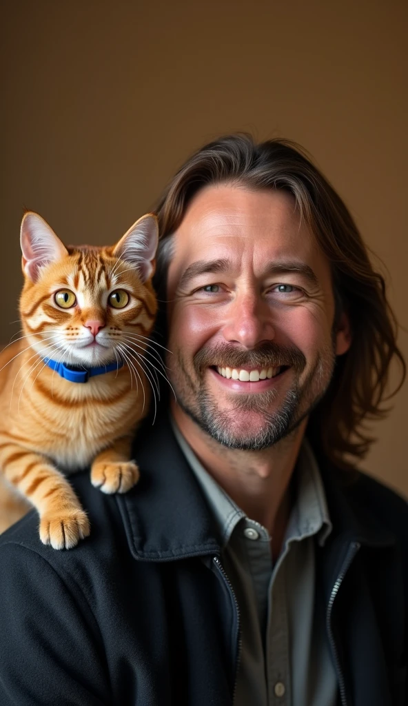 8k, high-quality, photograph, portrait of smiling man (british, age 41, long brown hair: 1.2, short stubble: 1.3, wearing dark jacket), ginger tabby cat with blue collar on shoulder, gratitude in eyes, warm color palette