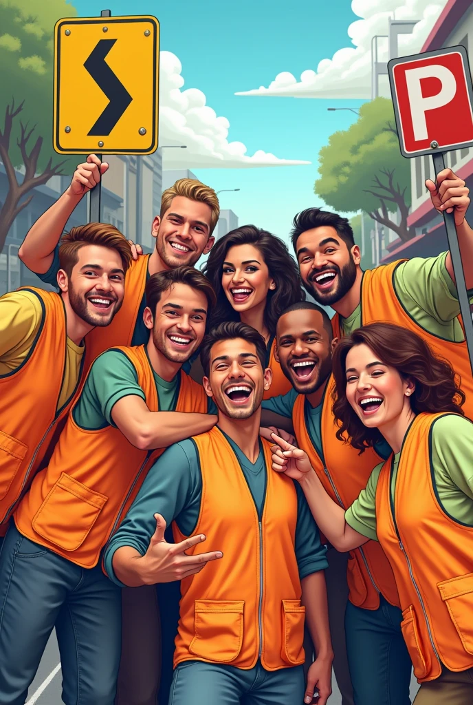 Men and women taking selfie together happily with parking signs and wearing orange and green safety vests illustration
