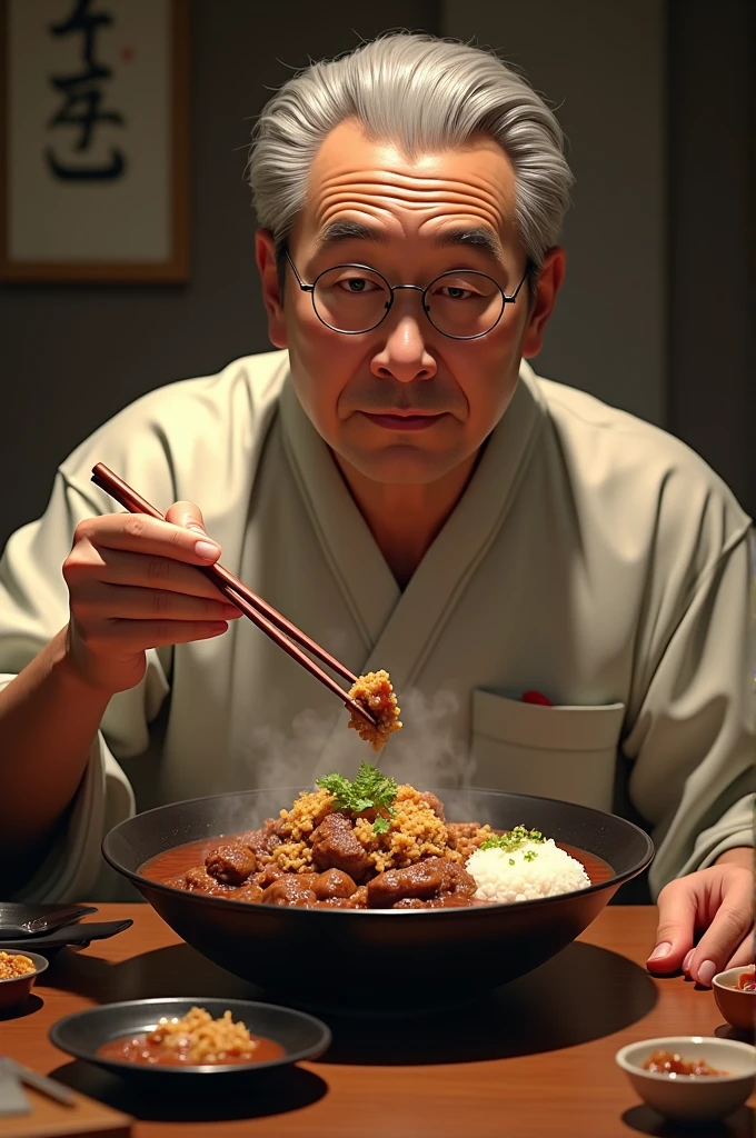 A Japanese man eating feijoada with chopsticks