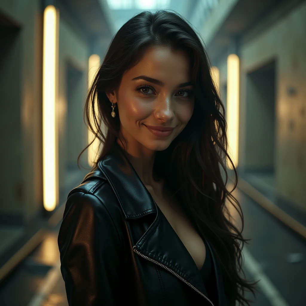((RAW photo), absurd, (absurdresolution)), masterpiece, best quality, (best shadow), beautiful detailed glow, hyperrealism, beautiful girl, lolita, smiling, 2, beautiful, (cyberpunk), elegant woman looking at the camera in black leather clothes, ((The face of the most beautiful young girl)), the most beautiful face, gorgeous, very pretty young girl, upper body, ((cinematic shots: full shot)), Photographic Perspective. «SunPuma S»