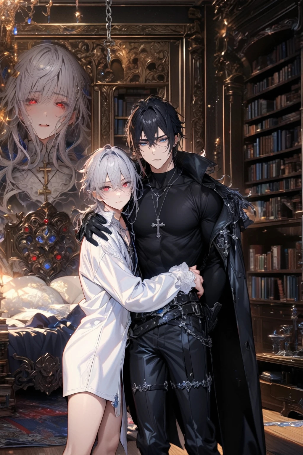 absurdres, highres, ultra detailed, HDR, master piece, best quality, extremely detailed, detailed face, detailed eyes, Shiki, black hair, expressive red eyes, Togainu No Chi, Akira, silver hair, expressive blue eyes, two men together, handsome, mature man, adult face, black leather coat with high collar, black tight turtleneck shirt, white shirt, black leather pants, belt, chains, black gloves, fantasy, magical, cross necklace, bedroom, bookshelf, chandelier