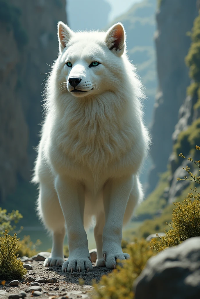 A hybrid of two land animals,The fur is white、 Realistic photos, In dramatic nature 