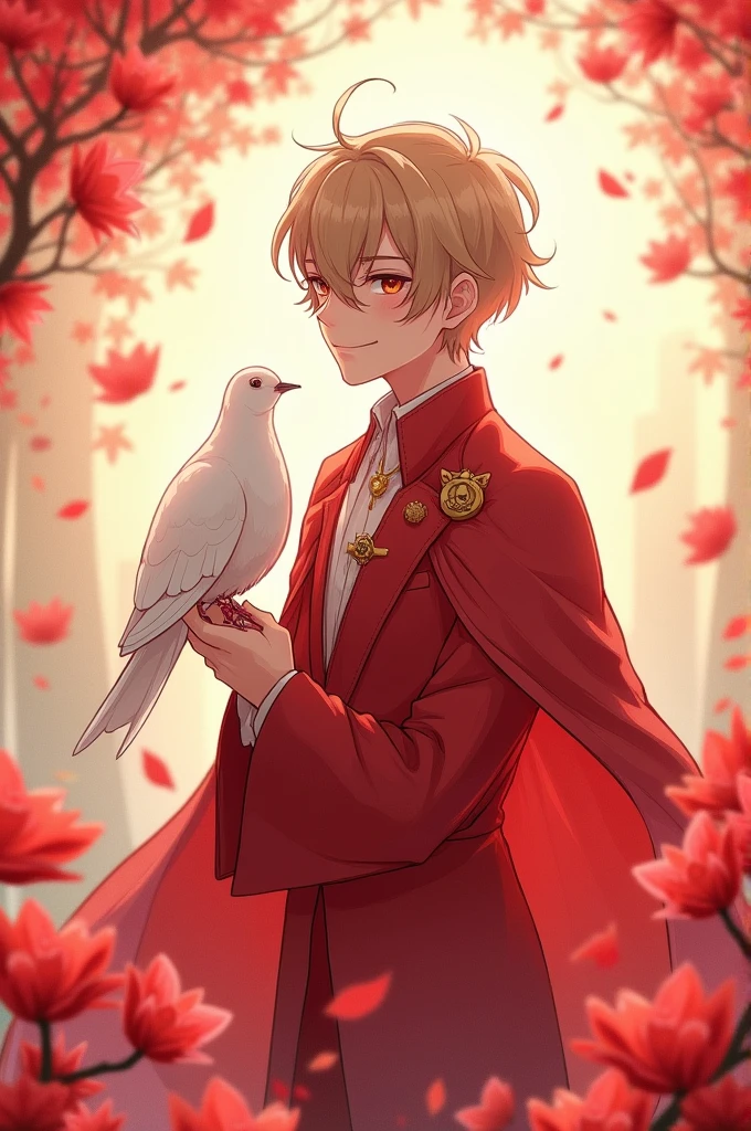 (anime) Create the prince of plants Expression sweet dressed in red and accompanied by his pet a white dove