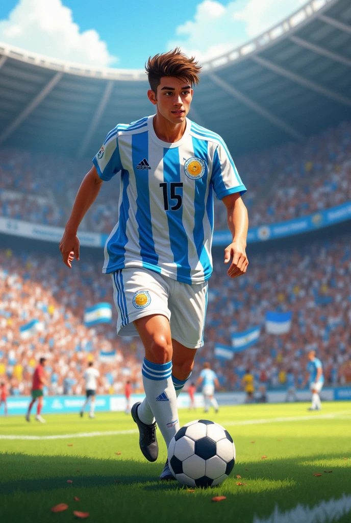 a , Caucasian skin, small-nose, dark brown eyes, round glasses, short messy light brown hair, wearing the uniform of the Argentine national football team and playing football in a large stadium full of fans