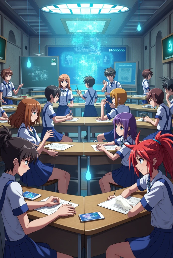 Create an image set in the world of YU-GI-OH of a group of 16 young people (7 girls and 9 boys) that are in the classroom