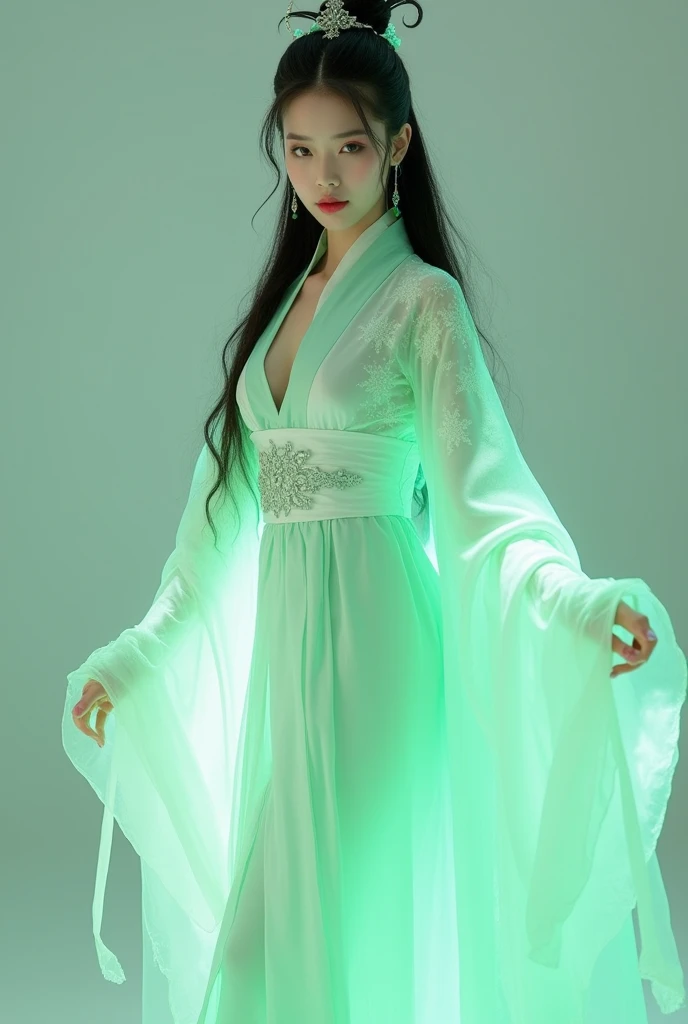 A fairy women wear long milk blue dress, long fairy ears, long brown hair, brach tiara, walk away at the fairy jungle that have neon glow plants, ray of light, morning vibes, high class fashion, a lot of detail, ornaments, cinematic lighting, wide shot 50mm, ultra detailed, ultra realistic, ultra hd, 8k