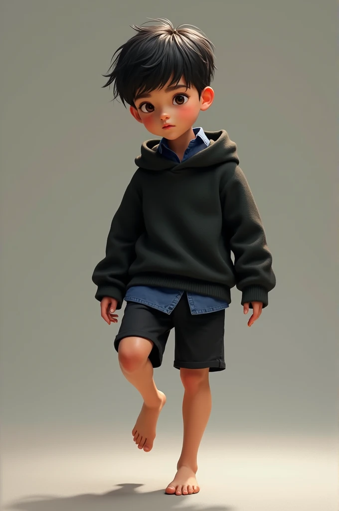 Barefoot boy in black shorts, Black open-toed sweater and under the sweater he has a blue shirt lifting one foot