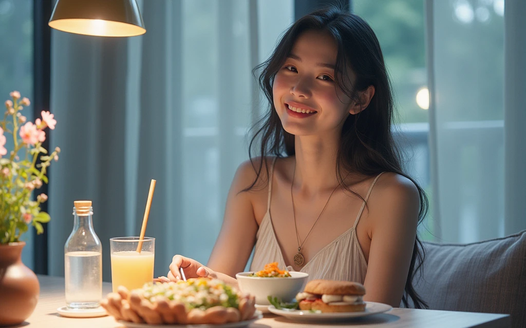 a young asian woman with long wavy hair wearing a summer dress, sitting at a table, food on the table, smiling, (high detail skin:1.2), 8K UHD, Digital SLR, High quality, filmgrain, Fujifilm XT3, perfect figure, (beautiful woman:1.4), ((wavy hair)), RAW photo, rim lighting, dim lighting, perfect anatomy, anatomically correct, perfection proportions.