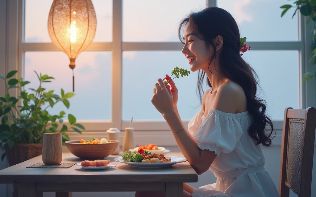 a young asian woman with long wavy hair wearing a summer dress, sitting at a table, food on the table, smiling, (high detail skin:1.2), 8K UHD, Digital SLR, High quality, filmgrain, Fujifilm XT3, perfect figure, (beautiful woman:1.4), ((wavy hair)), RAW photo, rim lighting, dim lighting, perfect anatomy, anatomically correct, perfection proportions.
