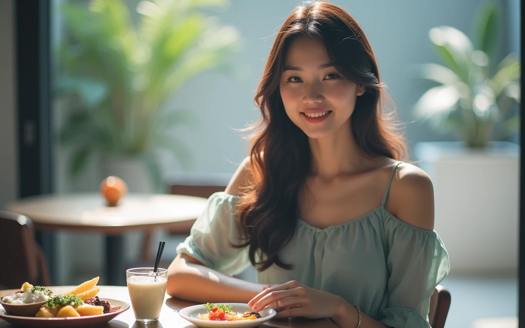 a young asian woman with long wavy hair wearing a summer dress, sitting at a table, food on the table, smiling, (high detail skin:1.2), 8K UHD, Digital SLR, High quality, filmgrain, Fujifilm XT3, perfect figure, (beautiful woman:1.4), ((wavy hair)), RAW photo, rim lighting, dim lighting, perfect anatomy, anatomically correct, perfection proportions.