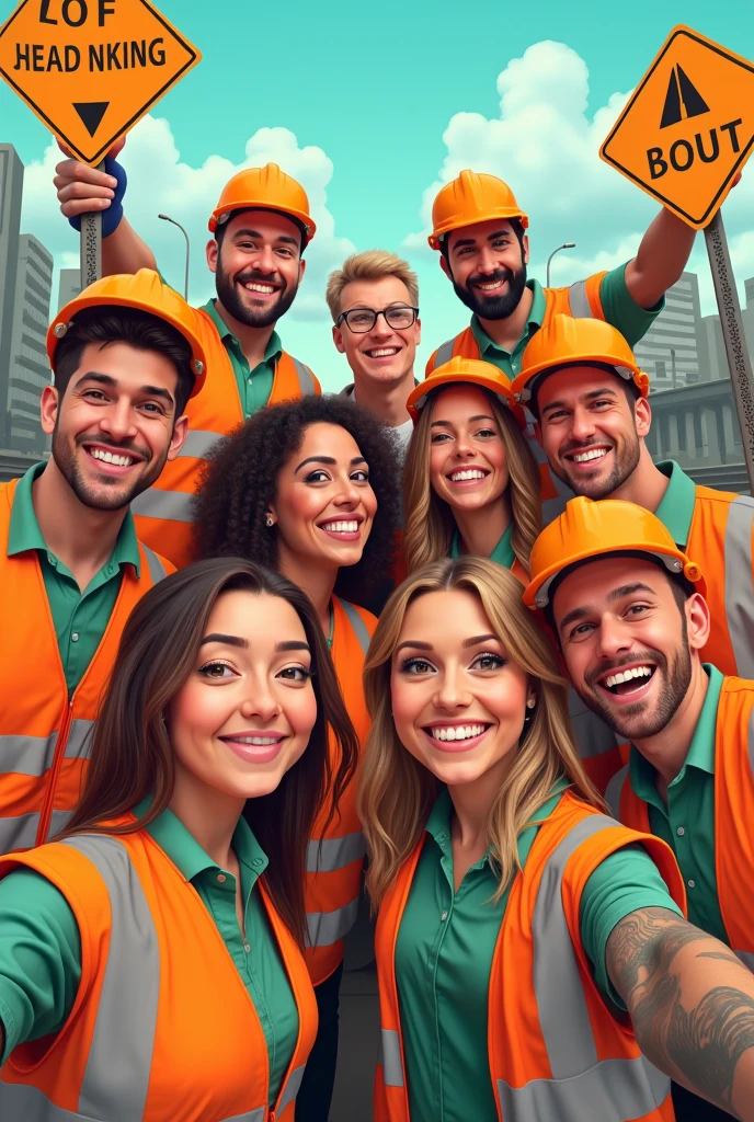 Men and women taking selfie together happily with parking signs and wearing orange and green safety vests illustration 