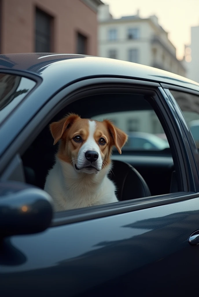 A dog in a black car