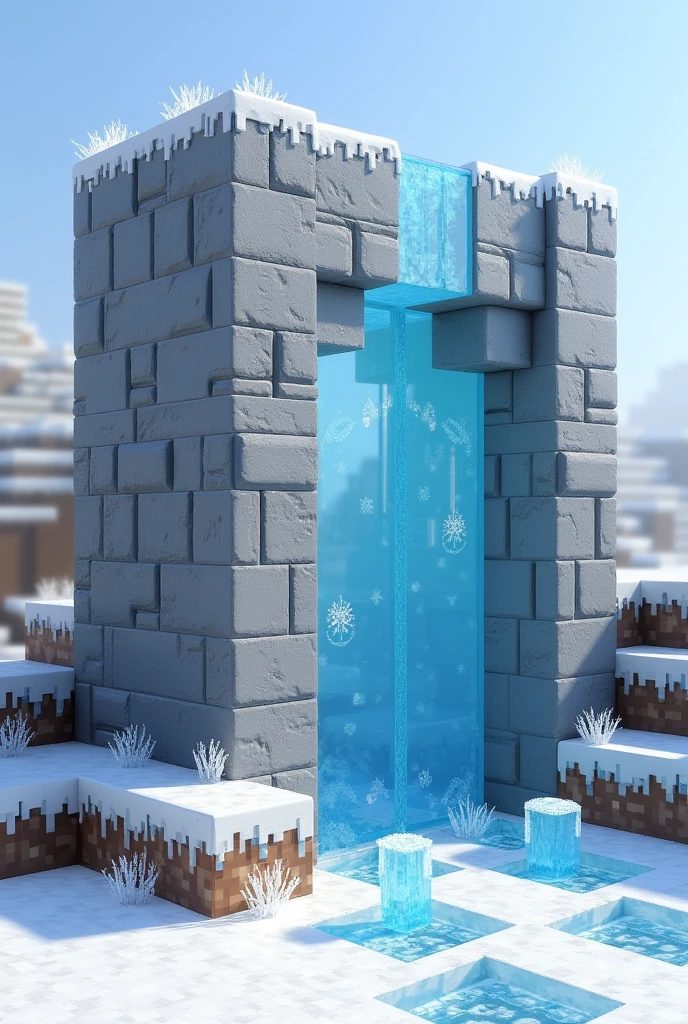 I want you to create a wall or a wall based on the Minecraft game with an ice theme, I want the wall to not be so high, about 12 blocks high maximum, but the 12 blocks high are Minecraft blocks and I want them to be based on the materials and reality of that game, but I want the walls to have a design and not contain so much ice. 
