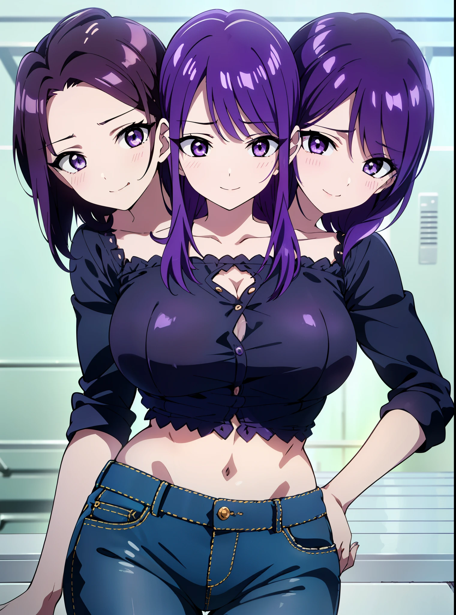 (masterpiece),(ultra-detailed), (high quality), (high resolution), (best quality:1.5, highres, UHD), highres, absurdo, ultra detail, ultra quality, Ultra resolution, 16k, 1girl, (3heads:1.5), girl with three heads, ((violet hair:1.5)), ((different hair colors:1.5)), seductive smile, (tattered denim jeans), casual outfit, sexy proportions, (exposed midriff), thighs, Beautiful girl with accentuated slender abs, ((seductive posture)), purple shirt, ((different hairstyles)), different haircuts, (long hair), lavender eyes, ((factory background)