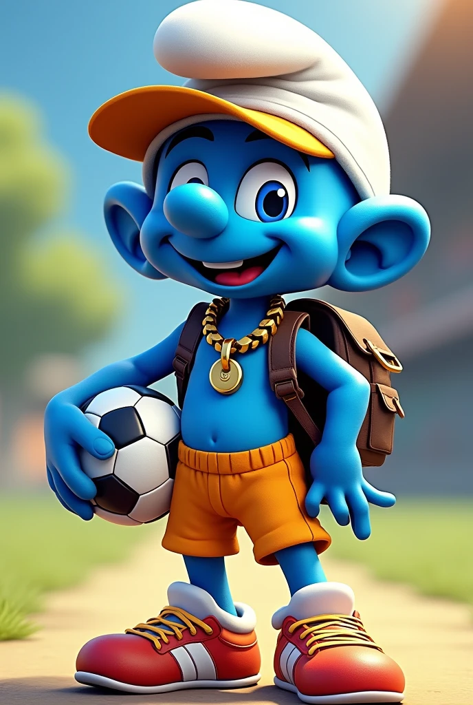 Create smurf mascot image, marrento, with gold chain around his neck, backpack on back, with futsal player shorts, holding a ball