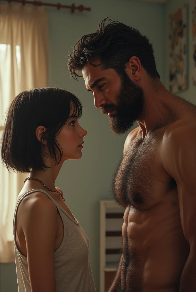 A girl with bangs talking to a hairy-chested man