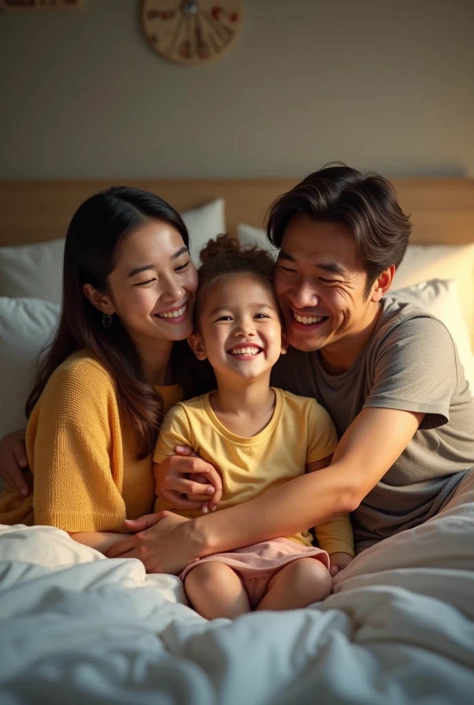 The girl opens her eyes and sits up in bed, smiling. His parents, surprised and excited, they hug her.
