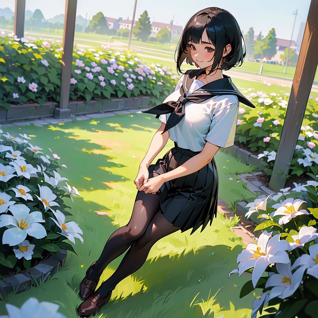 (Highest quality, High resolution, Super detailed, Realistic:1.37), Peaceful atmosphere, (Outdoor, garden), Teenage girl standing alone,(my breasts are big.),Beautifully detailed features, Cute Smile, ((Black bob hair)),Short-sleeved sailor uniform, Pleated skirt,Black tights,Brown leather shoes.