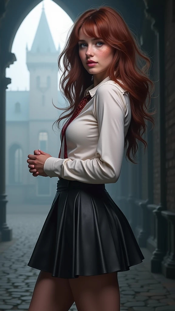 An illustrated movie poster, hand-drawn, full color,(Emma Watson:V2.1 ),( a age Hogwarts student:1.4) ,(Camisa blanca corbata y chaleco) , (falda student corto plomo :1.4), (hogwarts school uniform:1.4), 18-years-old, female, wearing a charcoal vest and a pleated skirt, athletic hourglass figure, full wide hips, massive round butt, long shapely legs, ridiculously thick powerful thighs, vibrant eyes, deep dark auburn hair, thick shaggy bangs, flushed sun-kissed complexion, freckles, resembles Genevieve O'Reilly, standing in a foggy Hogwarts courtyard, surrounded by mist, graphite shading, stencil marks, airbrushed acrylic paint, masterpiece, close-up shot, in the style of the Deathly Hallows, high quality, (RAW photo, best quality), (realistic, photorealistic: 1.4), (extremely delicate and beautiful: 1.4), amazing, fine details, masterpiece, ultra detailed, high resolution, best illustration, best shadow, intricate, ( extremely intricate: 1.2), (exquisitely detailed skin), cinematic light, perfect anatomy, (cool color: 1.4), sharp focus, 8k UHD, DSLR, (Fujifilm XT3),(iluminación cinematográfica :1.4),( Hermione Granger:1.4), (Emma Watson: V2.1), (ojos de Emma Watson:1.5), (hogwarts school uniform:V2.1),( pose americano :1.4), (estilo cinematográfico :1.4), (efectos cinematográfico :1.4), (colores cinematográfico) 